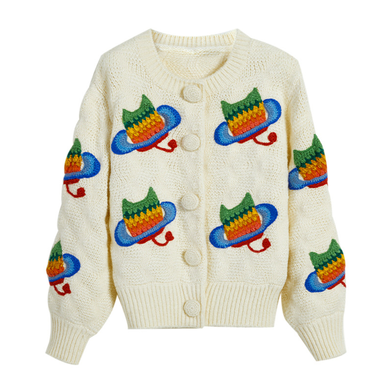 Embroidered Colorful Cat Knit Long Sleeve Cardigan-ABOXUN