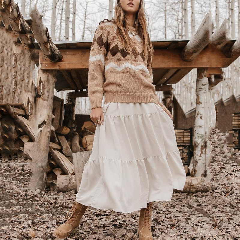 Fellman Island Geometric Contrast Loose Crewneck Sweater-ABOXUN