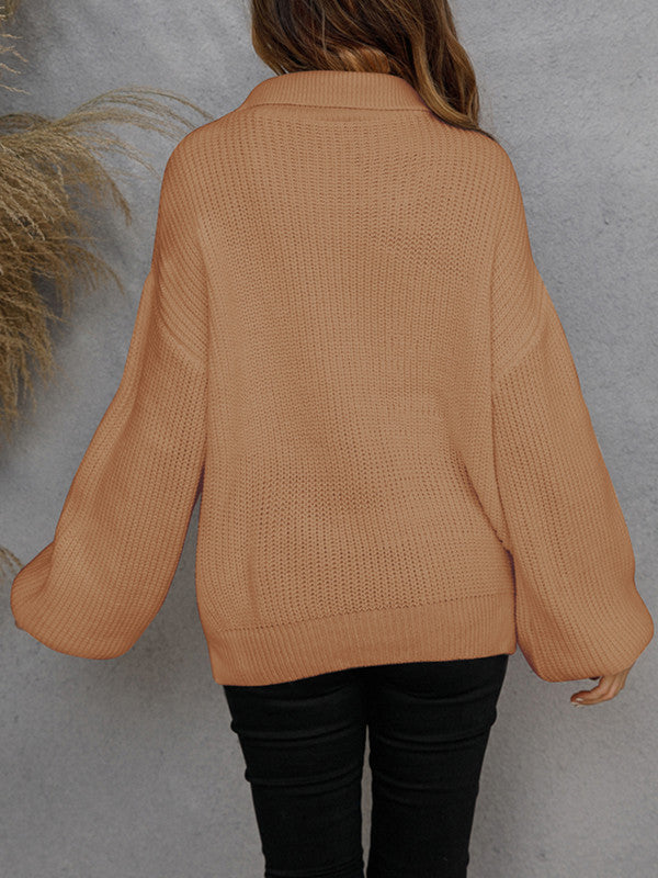 Pullover Zip Knit Lapel Solid Sweater-ABOXUN