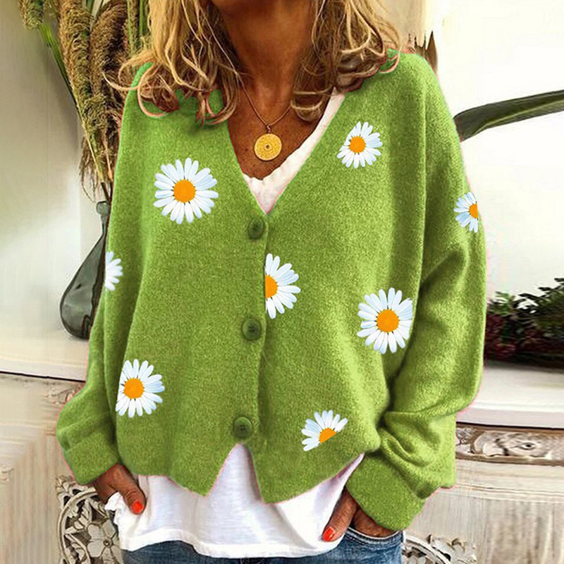 Vintage Single-Breasted Daisy Jacquard Sweater Cardigan-ABOXUN
