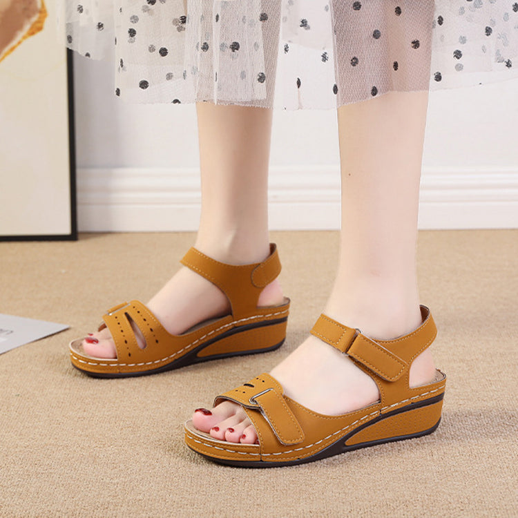 2022 New Casual Round Toe Velcro Mid Heel Women Wedge Sandals-ABOXUN