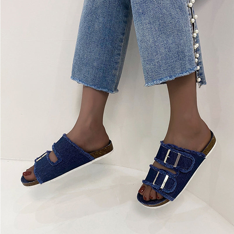 Ladies Denim Buckle Sandals-ABOXUN
