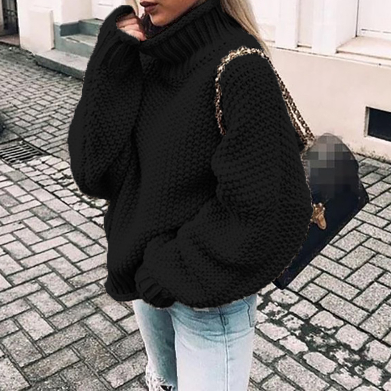 Chunky Half Turtleneck Doll Sleeve Loose Sweater-ABOXUN