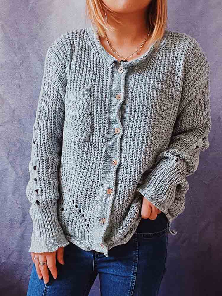 Vintage Solid Rolled Round Neck Long Sleeve Cardigan-ABOXUN