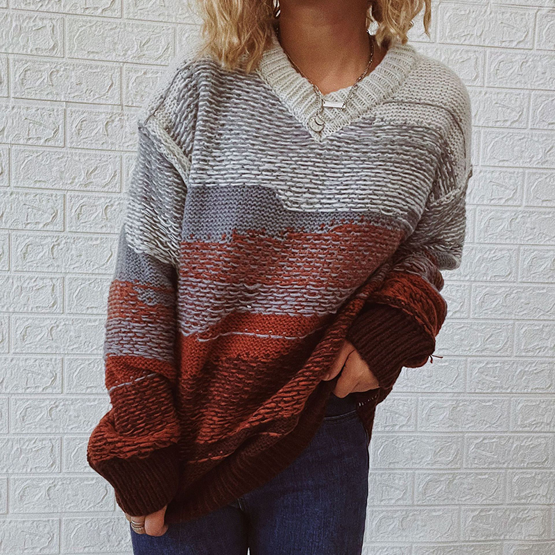 Vintage Long Sleeve Crew Neck Contrast Sweater-ABOXUN