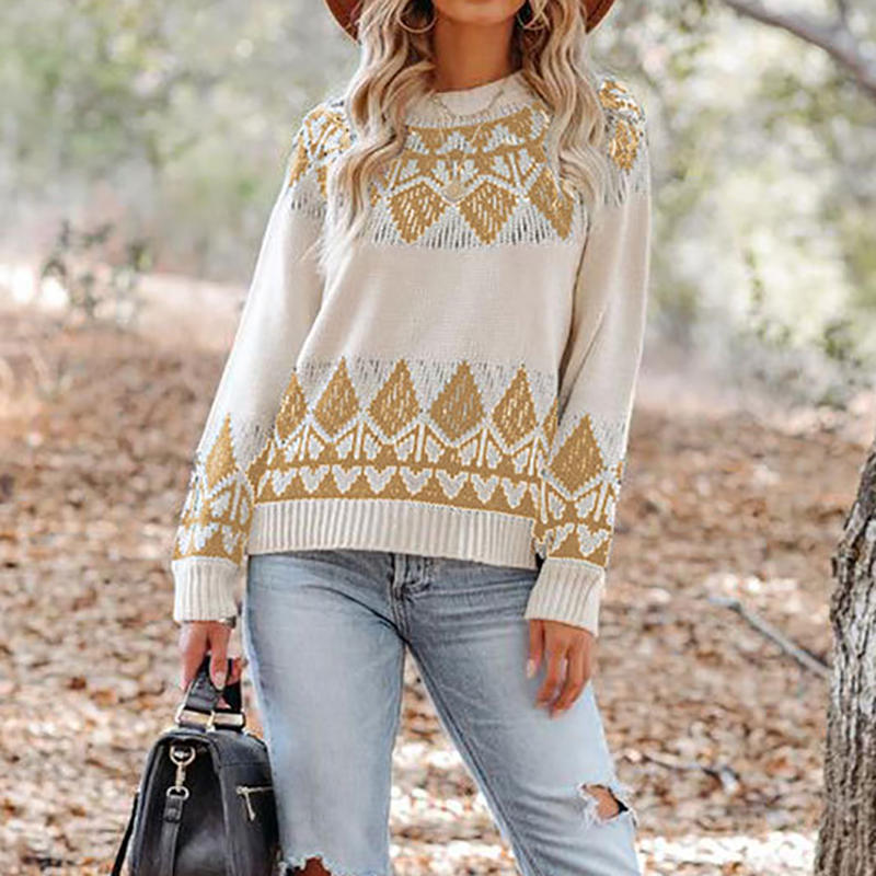 Vintage Jacquard Crew Neck Pullover Sweater-ABOXUN