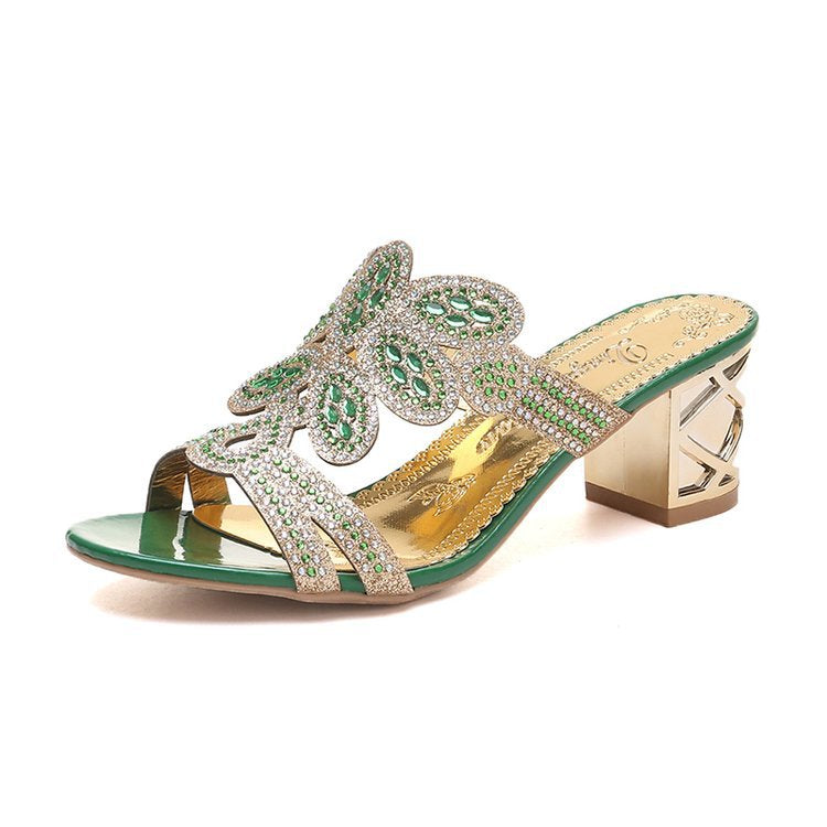 Women High Heels Slipper Peep Toe Hollow Out Crystals Slip On Beach Flip Flops Sandals-ABOXUN