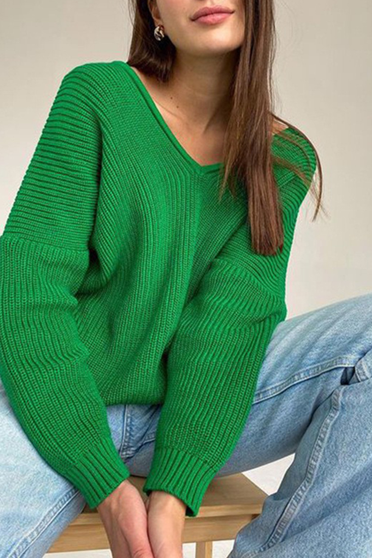 V-Neck Pullover Pit Strip Loose Sweater-ABOXUN