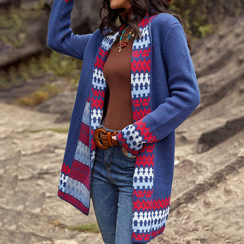 Vintage Contrast Jacquard Sweater Cardigan-ABOXUN