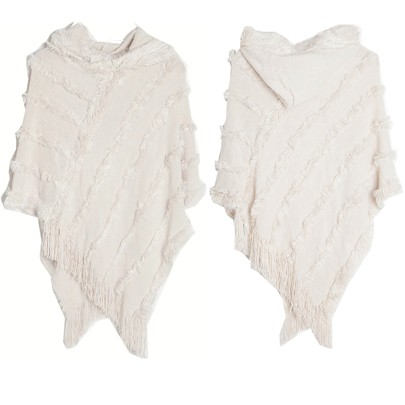Vintage Solid Fringed Hooded Sweater Pullover Shawl-ABOXUN