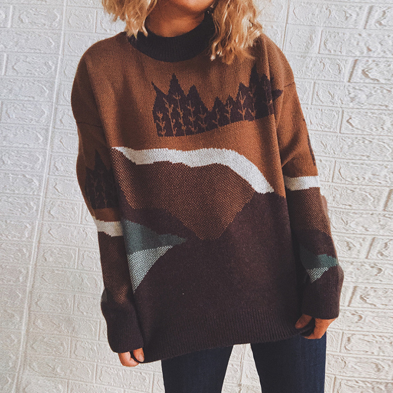 Vintage Crew Neck Long Sleeve Forest Pattern Sweater-ABOXUN