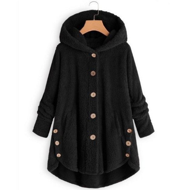 Women Warm Plus Size Button Plush Tops Ladies Hooded Cardigan Wool Coat Jacket-ABOXUN