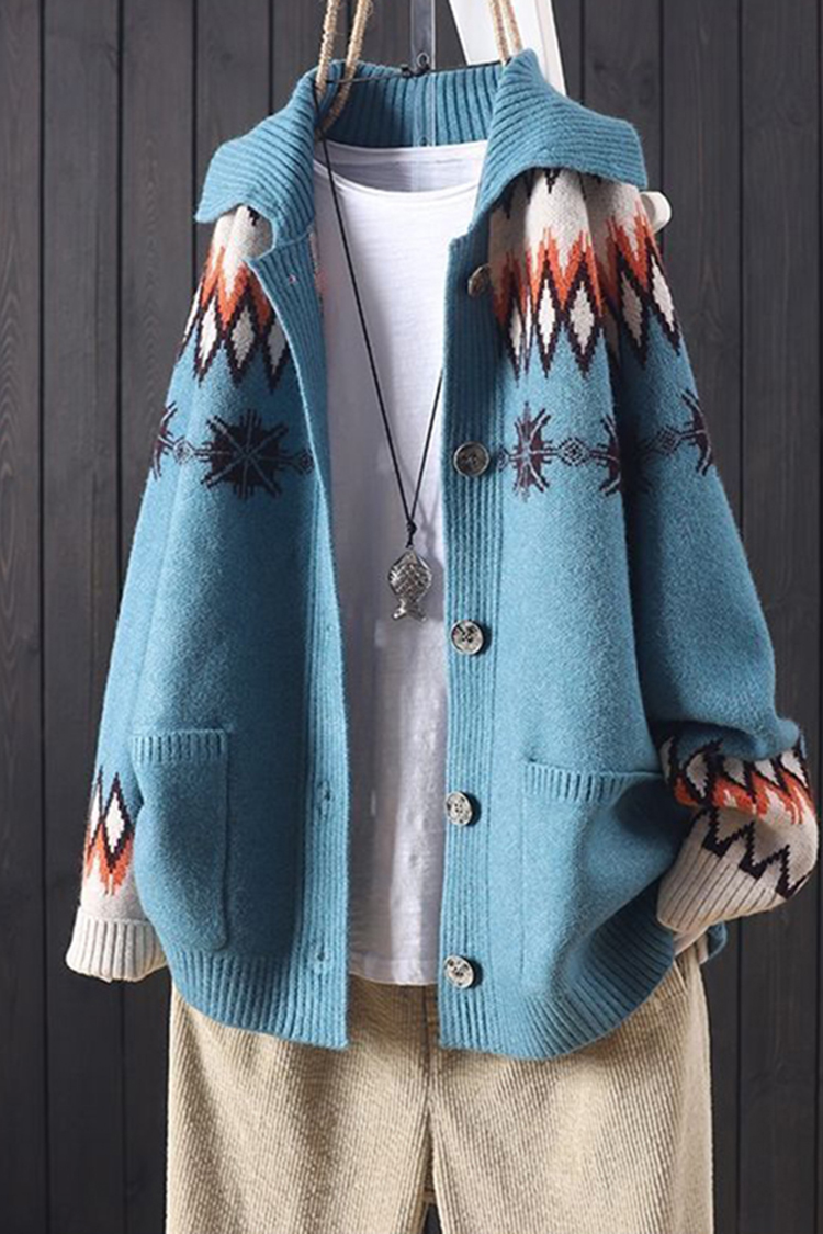 Vintage Icelandic Jacquard Sweater Lapel Cardigan-ABOXUN