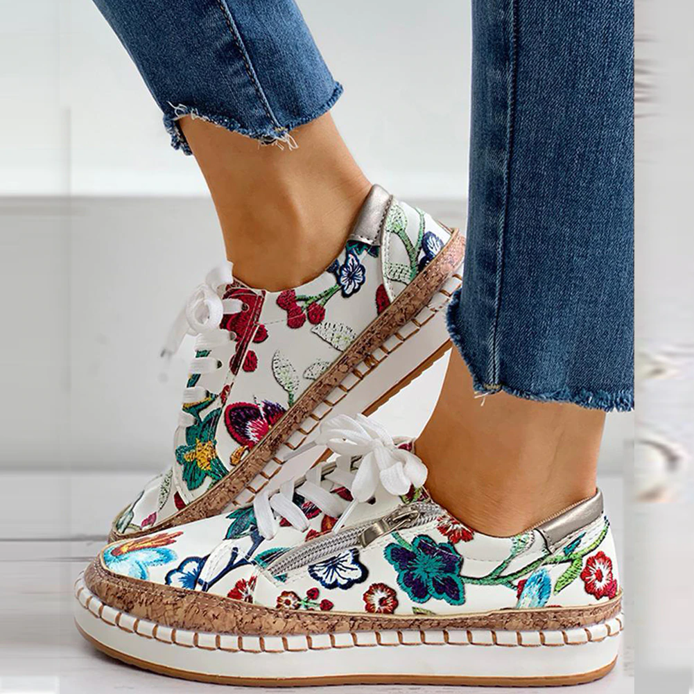 Women's Floral Printed Lace-up Canvas Sneakers-ABOXUN