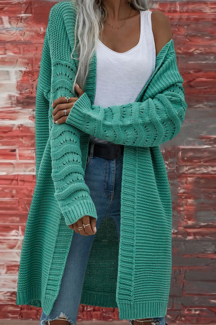 Solid Color Cutout Long Knitted Cardigan-ABOXUN