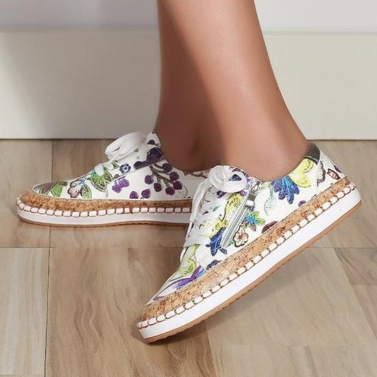 Women's Floral Printed Lace-up Canvas Sneakers-ABOXUN