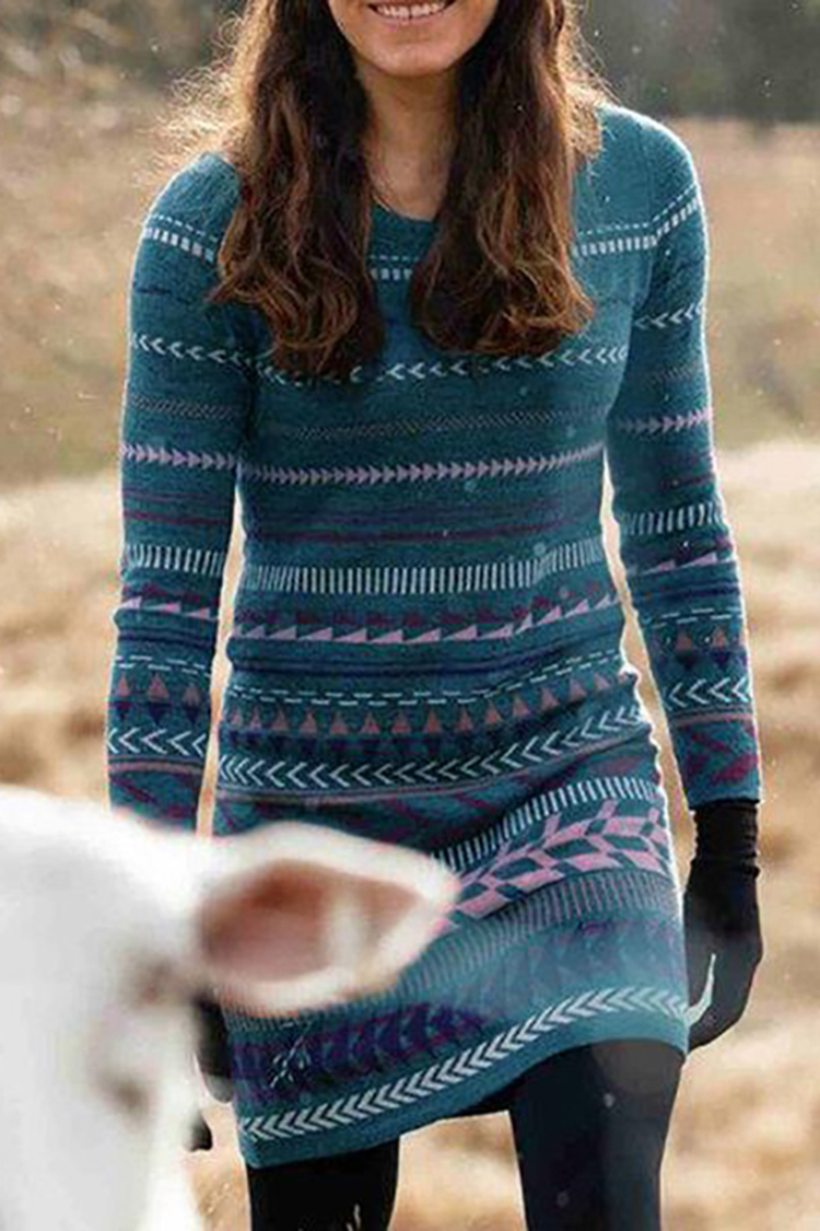 Vintage Ethnic Seal Stripe Print Knit Dress-ABOXUN