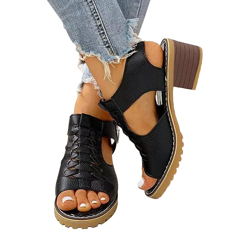 Women's Peep Toe Cutout Zipper Chunky Heeled Sandals-ABOXUN