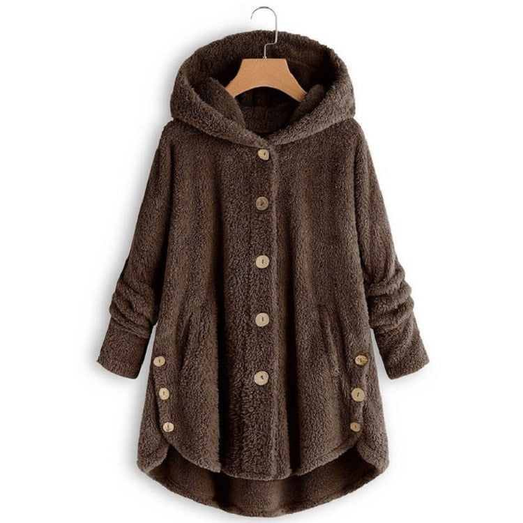 Women Warm Plus Size Button Plush Tops Ladies Hooded Cardigan Wool Coat Jacket-ABOXUN