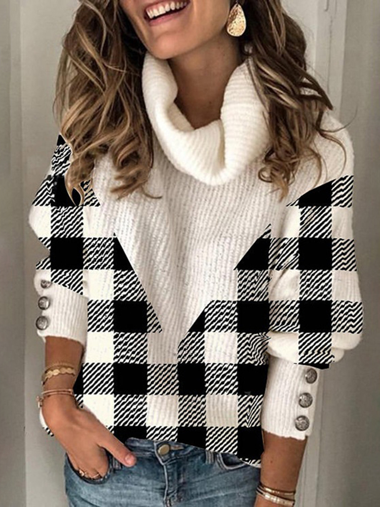 Paneled Plaid Turtleneck Casual Pullover Sweater-ABOXUN