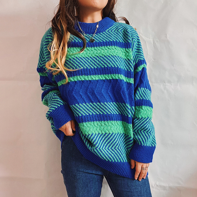 Irregular Stripe Colorblock Crewneck Long Sleeve Sweater-ABOXUN