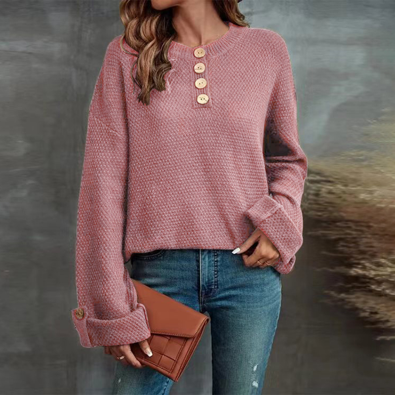 Vintage Solid Pullover Button Loose V-Neck Sweater-ABOXUN