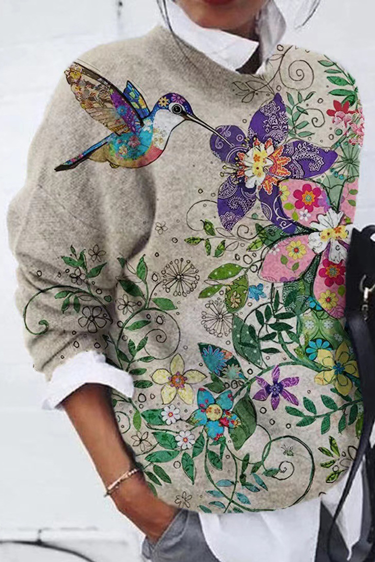 Stylish Flower Bird Contrast Print Loose Top-ABOXUN