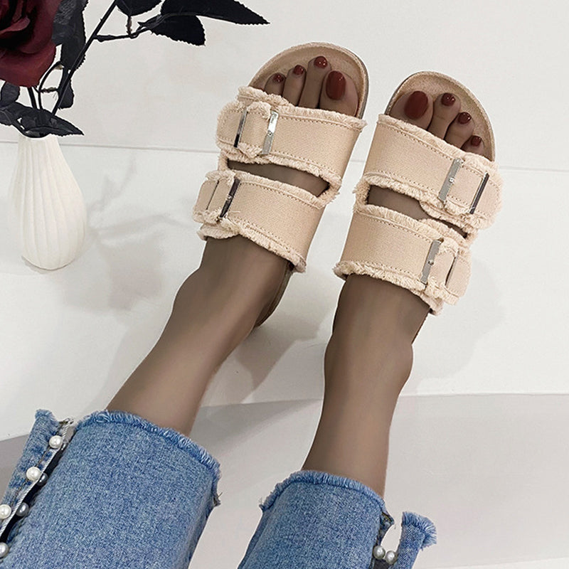 Ladies Denim Buckle Sandals-ABOXUN