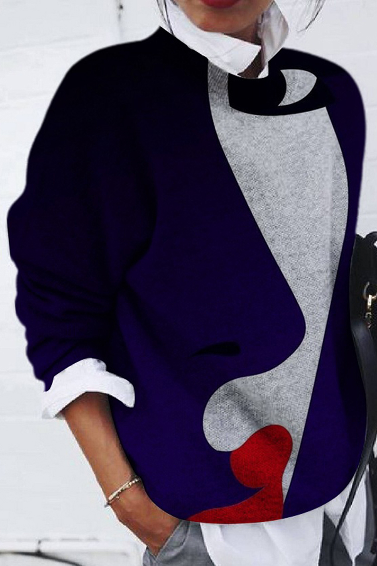 Fashion Brushed Portrait Print Loose Long Sleeve Top-ABOXUN