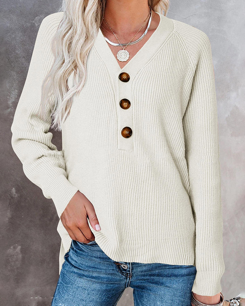 Button-knit V-neck Sweater-ABOXUN