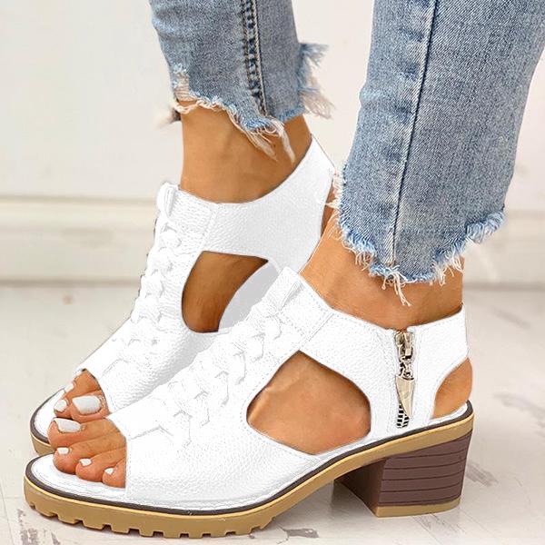 Women's Peep Toe Cutout Zipper Chunky Heeled Sandals-ABOXUN