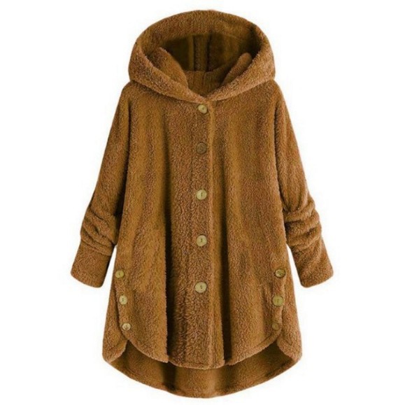 Women Warm Plus Size Button Plush Tops Ladies Hooded Cardigan Wool Coat Jacket-ABOXUN