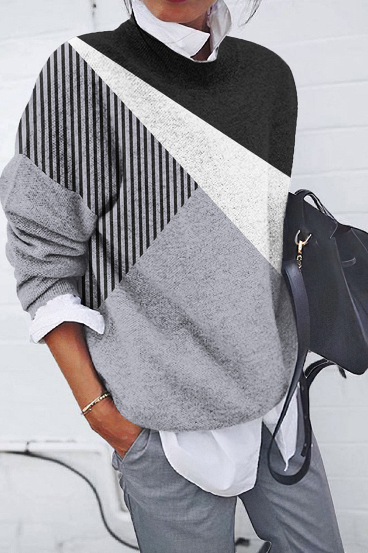 Round Neck Patchwork Color Block Stripe Contrast Top-ABOXUN