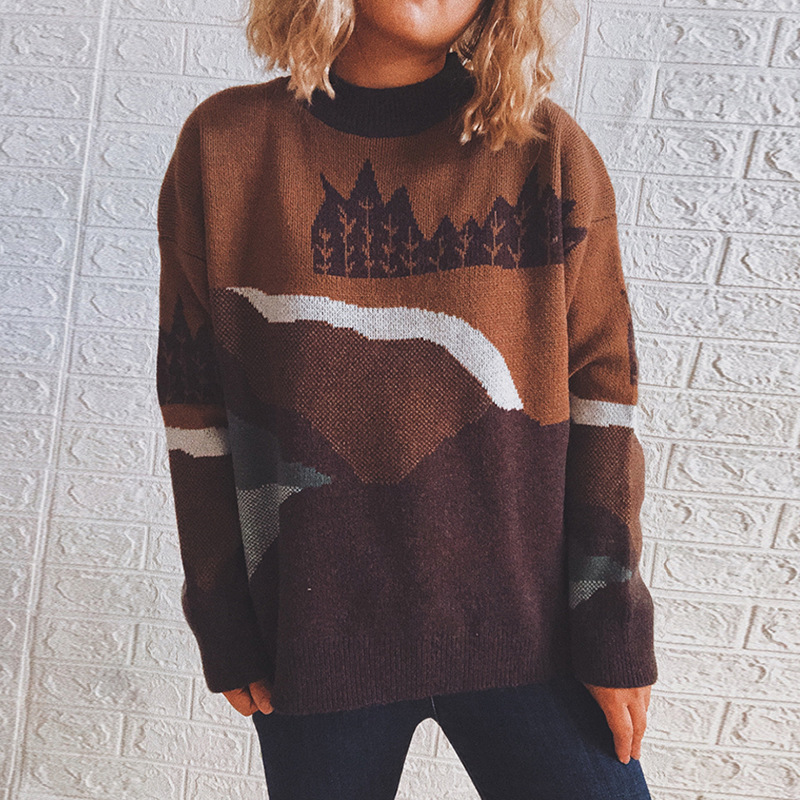 Vintage Crew Neck Long Sleeve Forest Pattern Sweater-ABOXUN