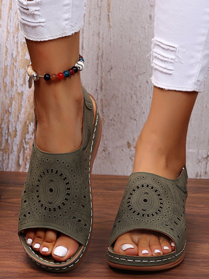 Grishay Ethnic Pattern Punched Hollow Velcro Vintage Sandals-ABOXUN