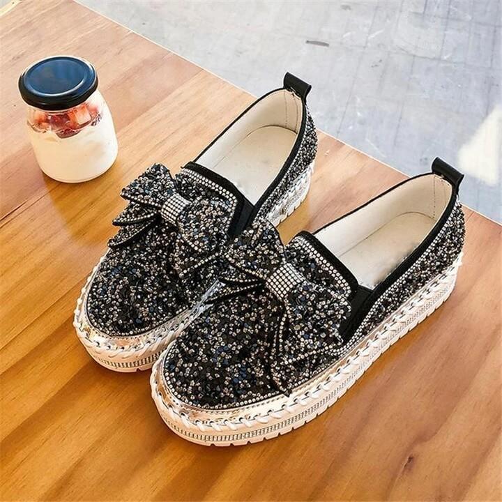👡Women Shining Rhinestone Slip-on Loafers with Cute Bowknot-ABOXUN
