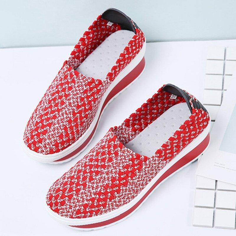 Women Comfy Casual Breathable Elastic Woven Detail Platform Rocker Sole Sneakers-ABOXUN