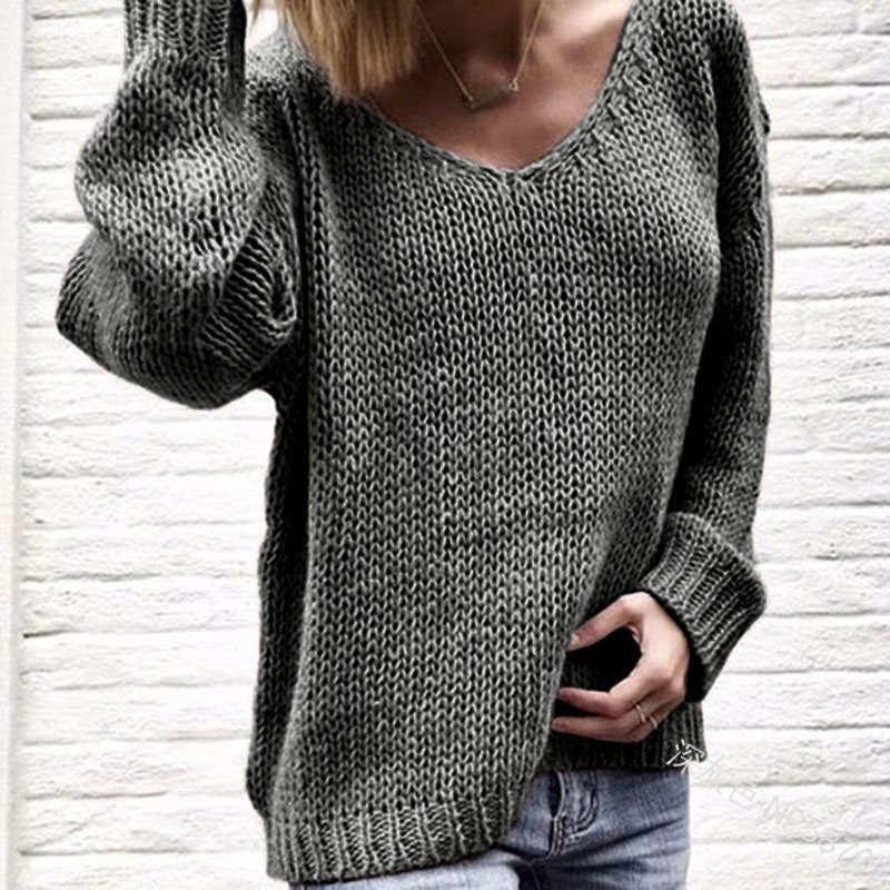 Solid Color V Neck Loose Casual Sweater-ABOXUN