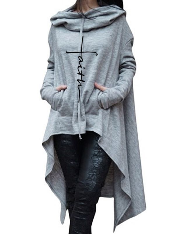 Solid Color Ladies Sweater Irregular Long Cloak with Hood Believe In God-ABOXUN
