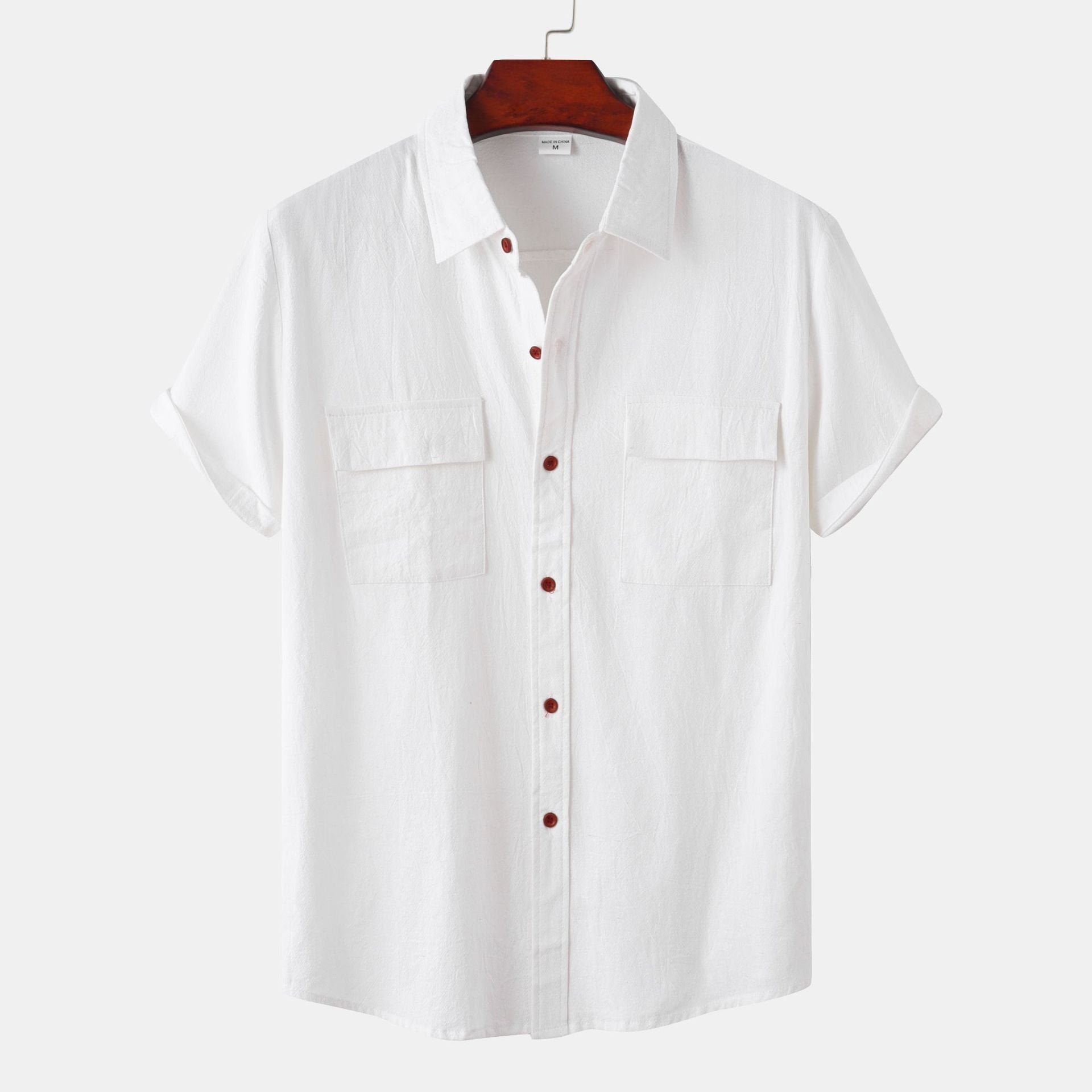 Men's solid colour casual flax short sleeve shirt