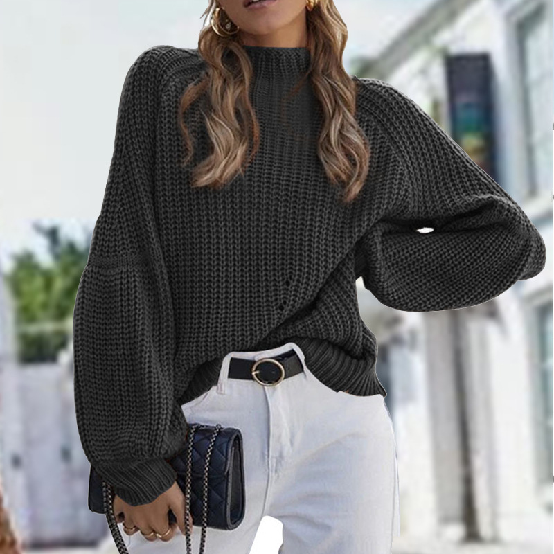 Vintage Loose Turtleneck Pullover Solid Color Sweater-ABOXUN