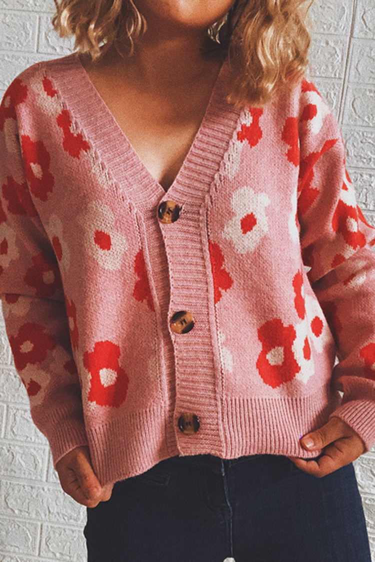 V-Neck Cute Floral Single-Breasted Cardigan-ABOXUN
