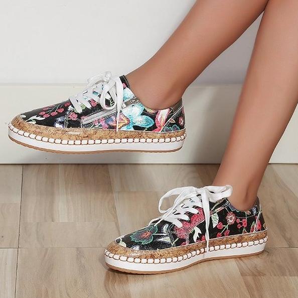 Women's Floral Printed Lace-up Canvas Sneakers-ABOXUN