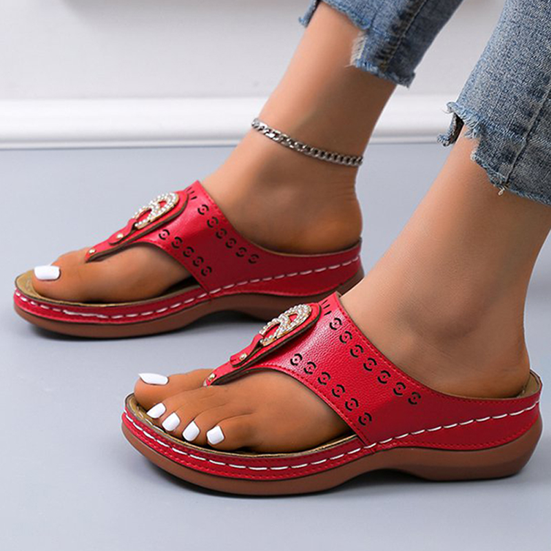 Metal Rhinestone Hollow PU Casual Flip-flops-ABOXUN