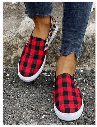 Casual Plaid Leopard Canvas Slip On Shoes-ABOXUN