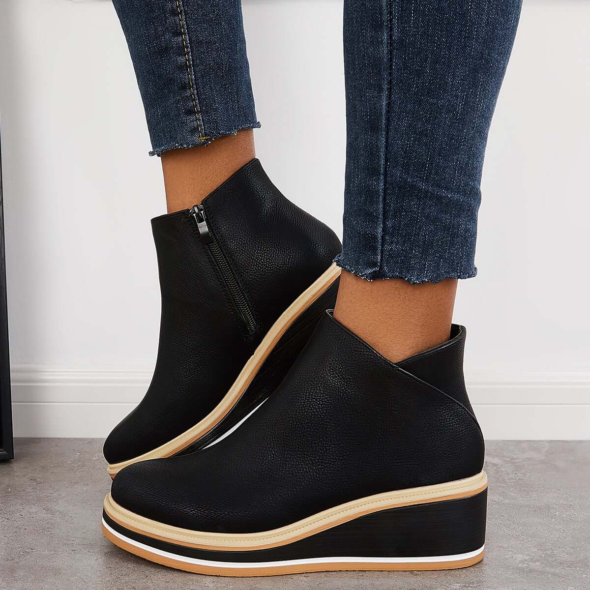 Women Solid Color Wedge Ankle Boots-ABOXUN