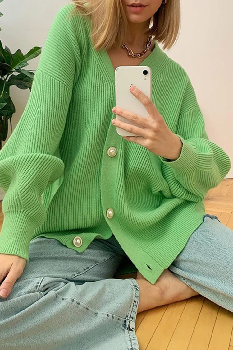 Casual Loose Solid Color Long Sleeve Pearl Button Cardigan-ABOXUN