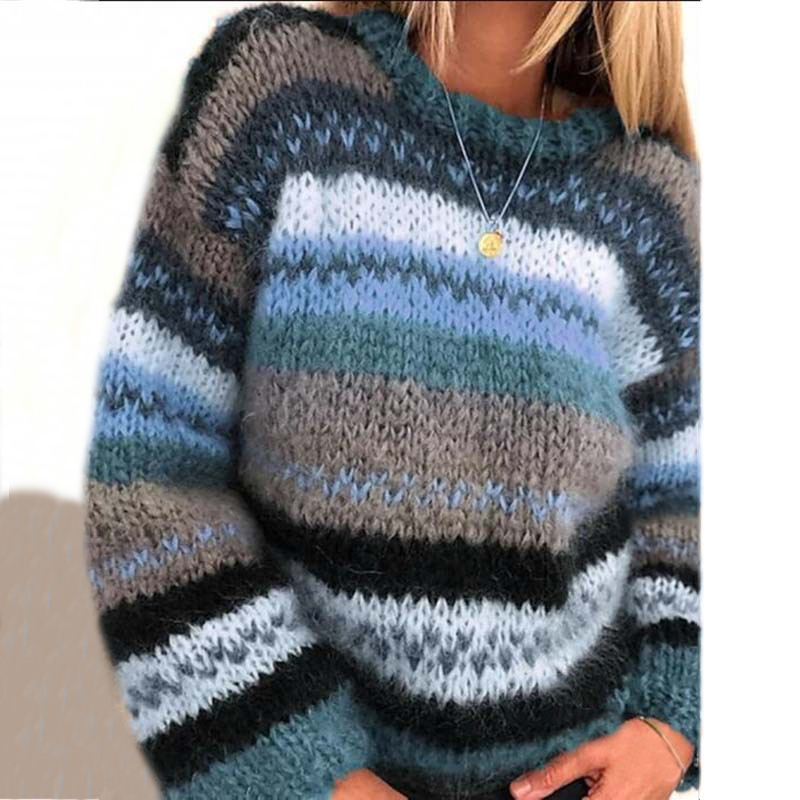 Vintage Rainbow Jacquard Long Sleeve Sweater-ABOXUN