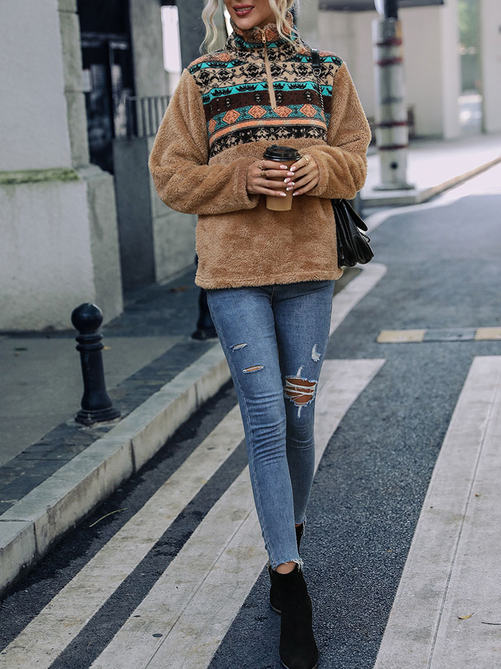 Pullover Colorblock Geometric Print Crew Neck Long Sleeve Plush Sweatshirt-ABOXUN