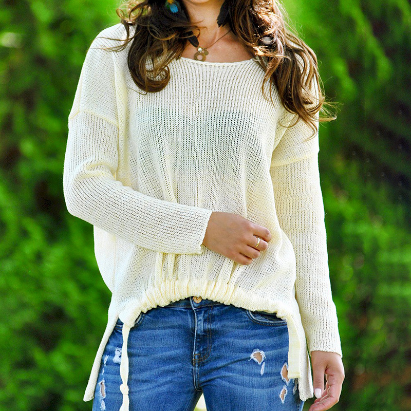 Loose Solid Color Long Sleeve Sweater-ABOXUN